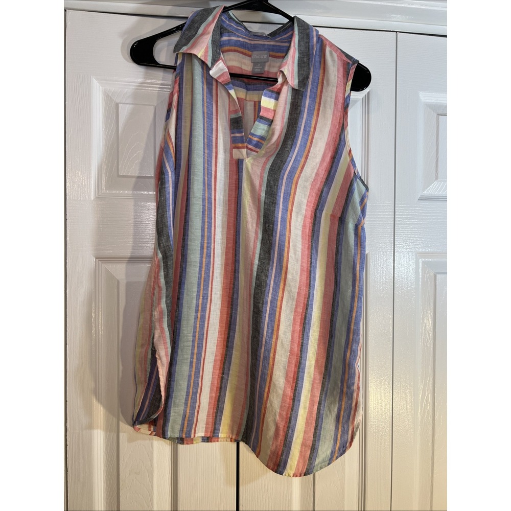 Chico's No Iron Fresh Chic 100% Linen‎ Rainbow Striped Shirt Womens O EUC